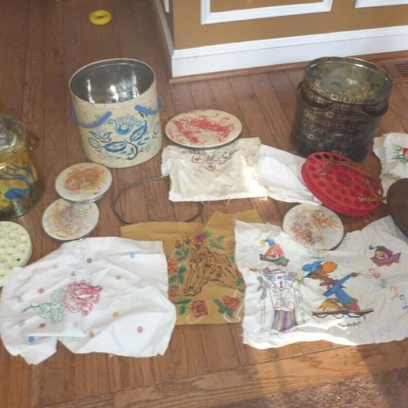 Giant Lot Vintage Liquid Embroidery Paint Tubes Pens Carrying Tins Totes Cloth